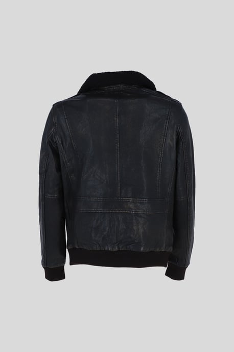 'Pilot' Genuine Leather Bomber Jacket with Removable Fur Collar - Image 3
