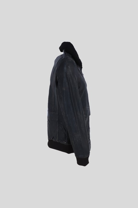'Pilot' Genuine Leather Bomber Jacket with Removable Fur Collar - Image 4