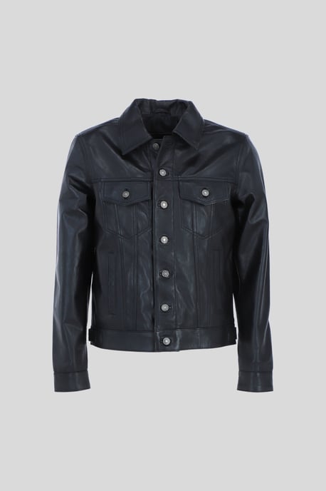 'Trucker' Classic Denim Style Button Genuine Leather Jacket - Image 1