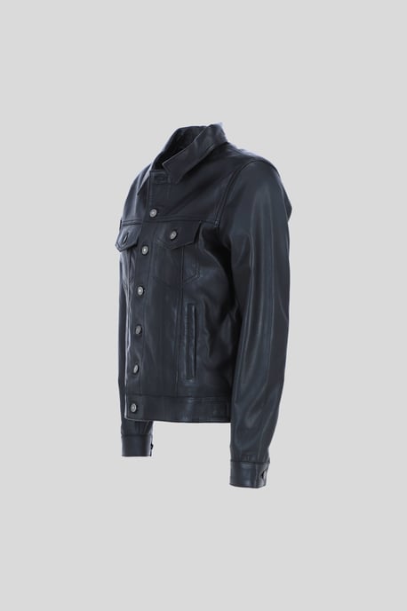 'Trucker' Classic Denim Style Button Genuine Leather Jacket - Image 2