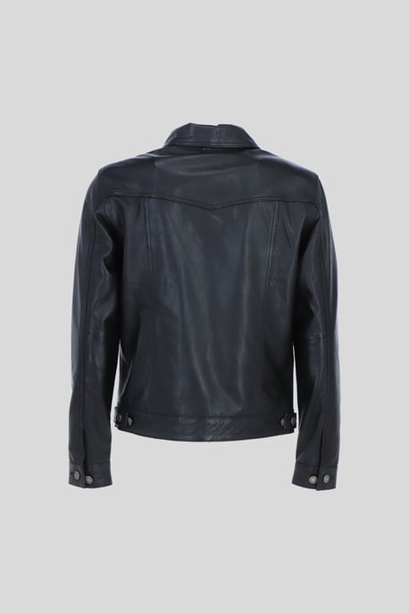 'Trucker' Classic Denim Style Button Genuine Leather Jacket - Image 3