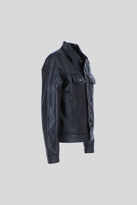 'Trucker' Classic Denim Style Button Genuine Leather Jacket - Image 4