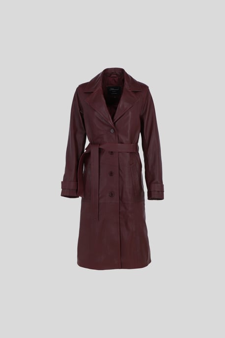 Elegant Longline Genuine Leather Trench Coat with Waist Tie - Image 1