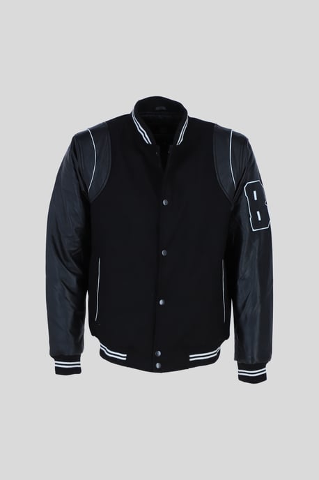'B' Wool and Real Leather Baseball Jacket with Striped Collar - Image 1