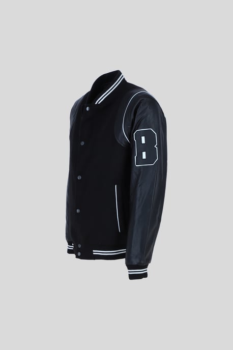 'B' Wool and Real Leather Baseball Jacket with Striped Collar - Image 2