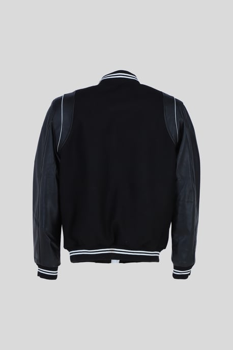 'B' Wool and Real Leather Baseball Jacket with Striped Collar - Image 3