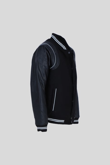 'B' Wool and Real Leather Baseball Jacket with Striped Collar - Image 4