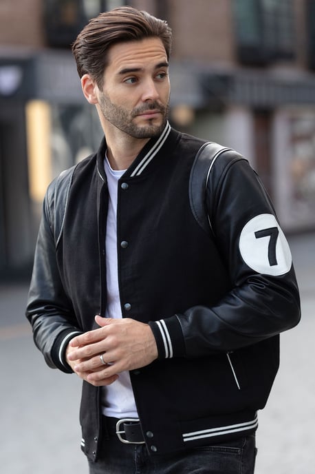 '7' Wool and Real Leather Varsity Jacket with Striped Collar - Image 1