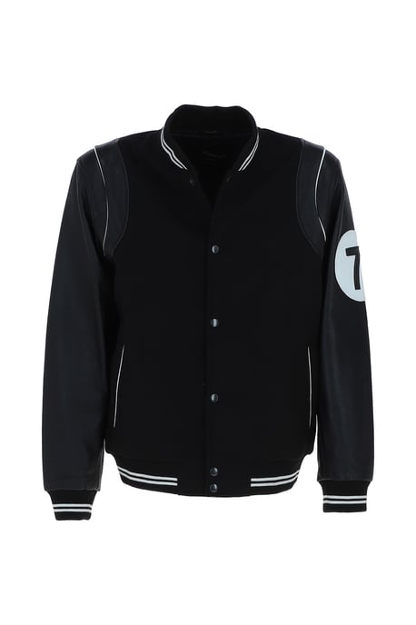 '7' Wool and Real Leather Varsity Jacket with Striped Collar - Image 2