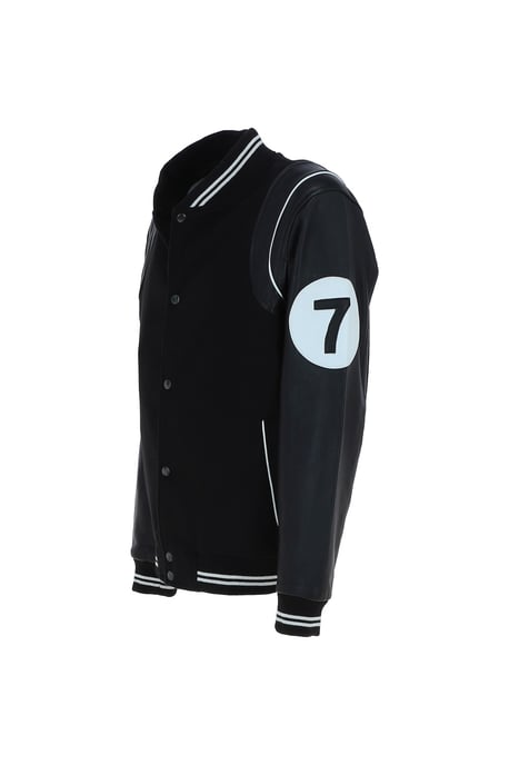 '7' Wool and Real Leather Varsity Jacket with Striped Collar - Image 3