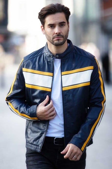 'Lambert' Real Leather Racing Stripe Details Biker Jacket - Image 1