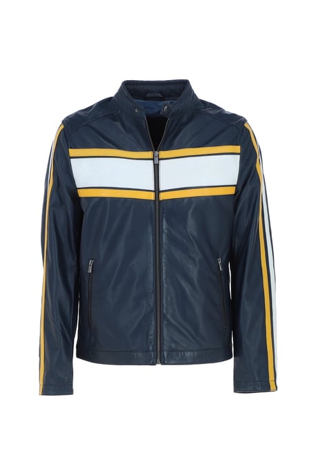 'Lambert' Real Leather Racing Stripe Details Biker Jacket - Image 2