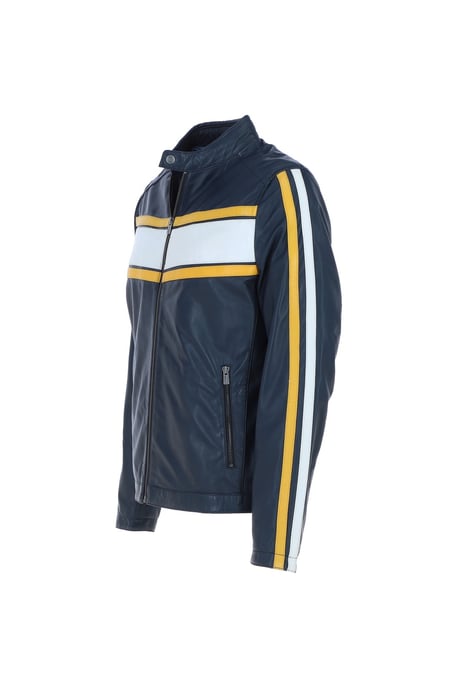 'Lambert' Real Leather Racing Stripe Details Biker Jacket - Image 3