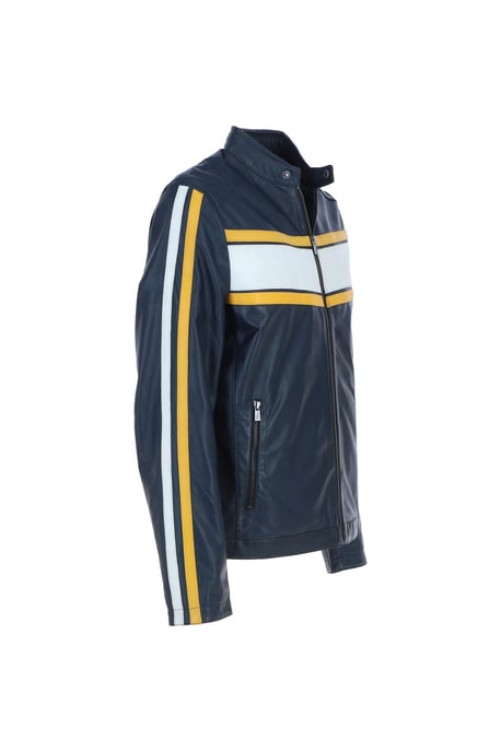 'Lambert' Real Leather Racing Stripe Details Biker Jacket - Image 5