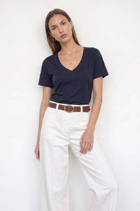 Katoenen Tencel V-hals Korte Mouwen Blouse - Image 3