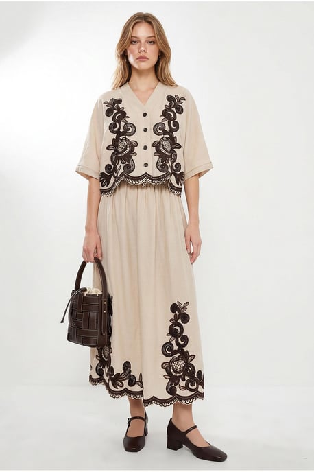 Oversized V-neck Embroidered 3/4 Sleeve Shirt and Wide Leg Pants Set - Image 1
