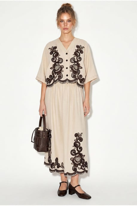 Oversized V-neck Embroidered 3/4 Sleeve Shirt and Wide Leg Pants Set - Image 2
