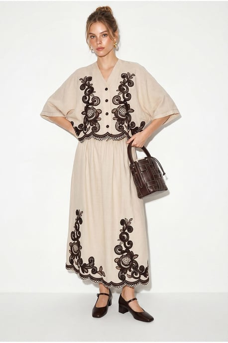 Oversized V-neck Embroidered 3/4 Sleeve Shirt and Wide Leg Pants Set - Image 4