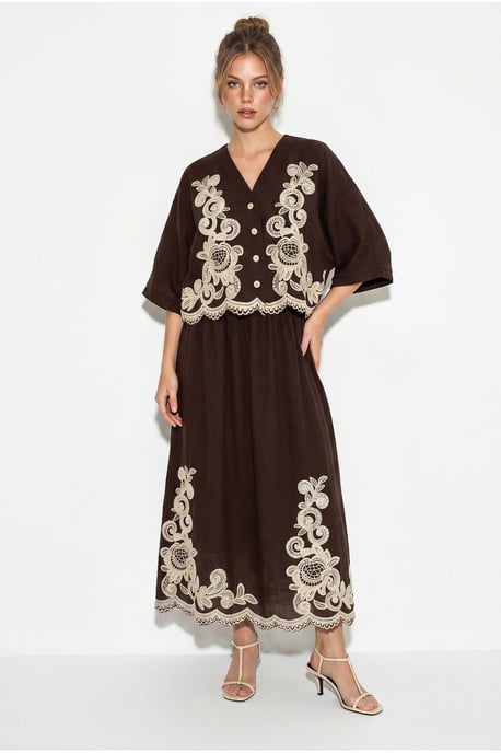 Oversized V-neck Embroidered 3/4 Sleeve Shirt and Wide Leg Pants Set - Image 1