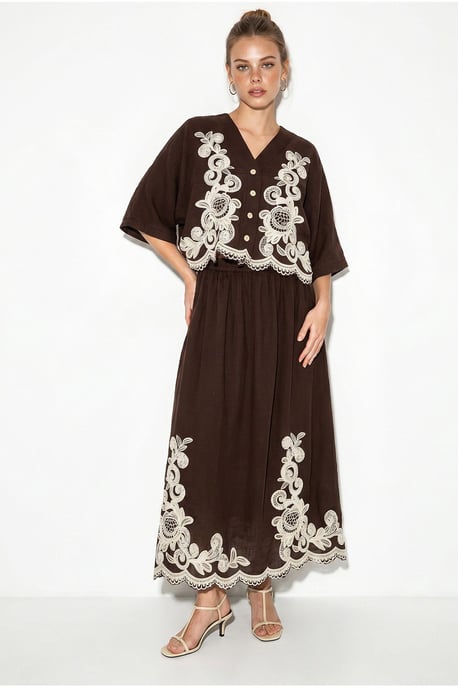 Oversized V-neck Embroidered 3/4 Sleeve Shirt and Wide Leg Pants Set - Image 2