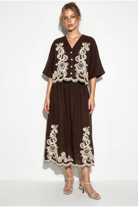 Oversized V-neck Embroidered 3/4 Sleeve Shirt and Wide Leg Pants Set - Image 4