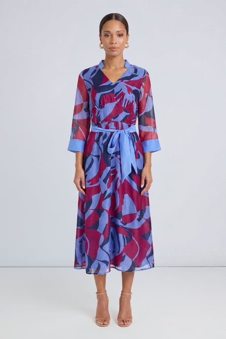 Mix Print Organza Belted Midi Dress - Image 1