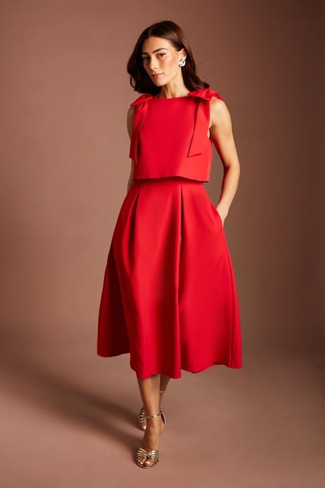 Sleeveless Bow Shoulder Midi Dress With Bodice Overlay - Image 1