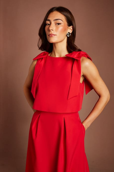 Sleeveless Bow Shoulder Midi Dress With Bodice Overlay - Image 2