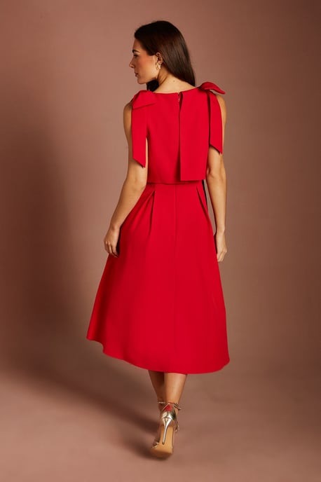 Sleeveless Bow Shoulder Midi Dress With Bodice Overlay - Image 3