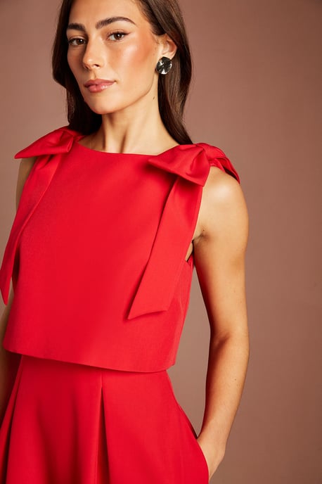 Sleeveless Bow Shoulder Midi Dress With Bodice Overlay - Image 4