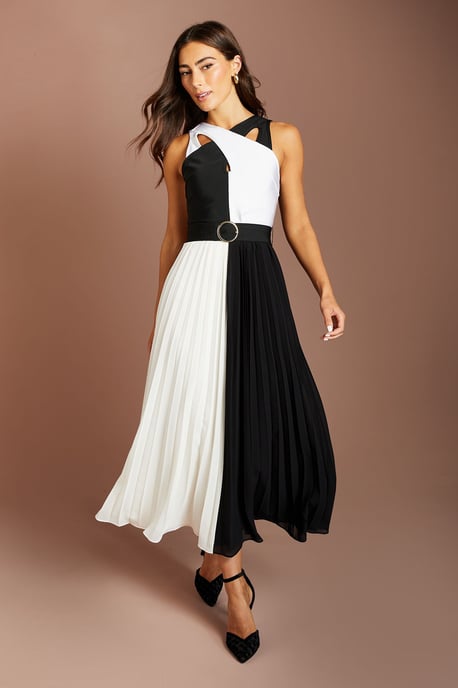 Bandage Cross Neck Pleated Skirt Midi Dress - Image 1