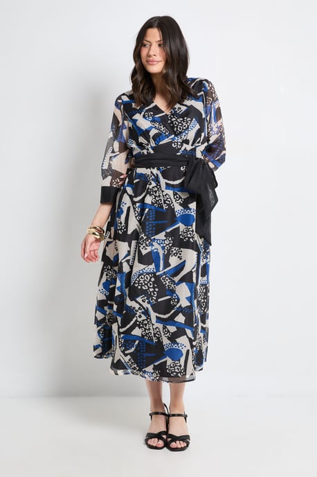 Mix Print Organza Belted Midi Dress - Image 1