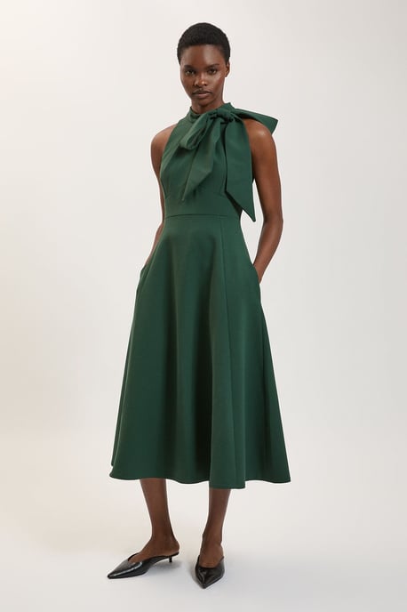Compact Stretch Bow Tie Neck Full Skirted Midi Dress - Image 1