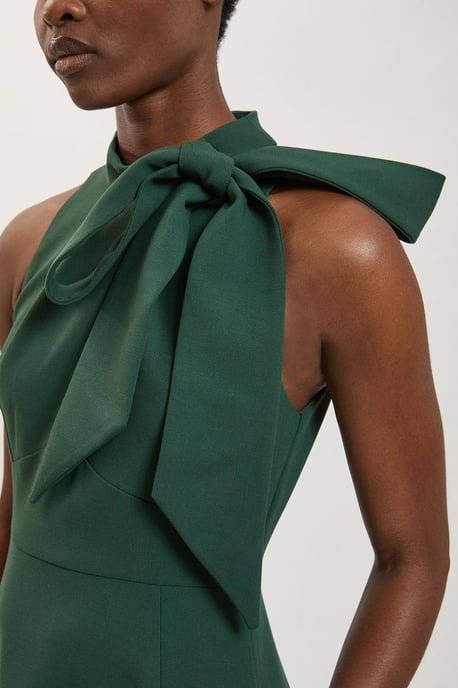 Compact Stretch Bow Tie Neck Full Skirted Midi Dress - Image 2