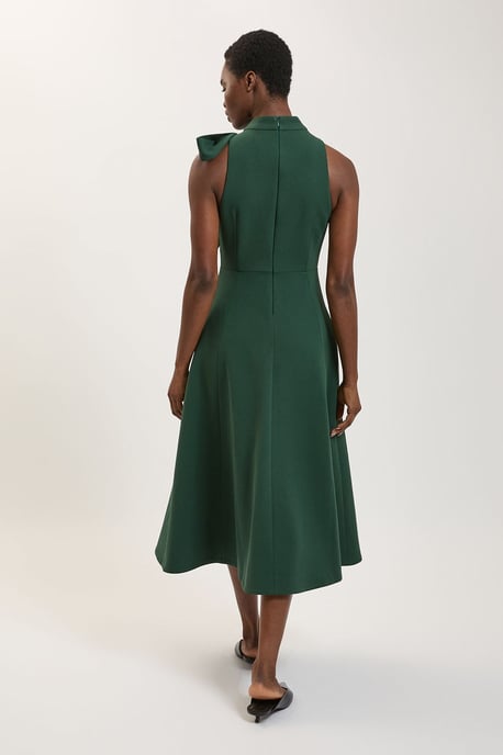 Compact Stretch Bow Tie Neck Full Skirted Midi Dress - Image 3