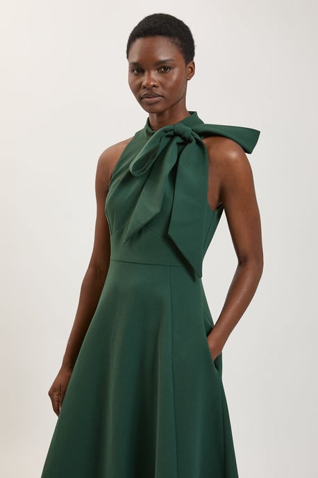 Compact Stretch Bow Tie Neck Full Skirted Midi Dress - Image 4