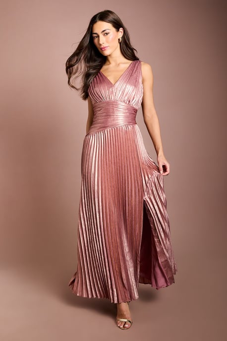 Wrap Waist Detail Pleated V Neck Maxi Dress With Split - Image 1