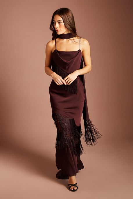 Fringe Detail Strappy Maxi Dress With Scarf - Image 1
