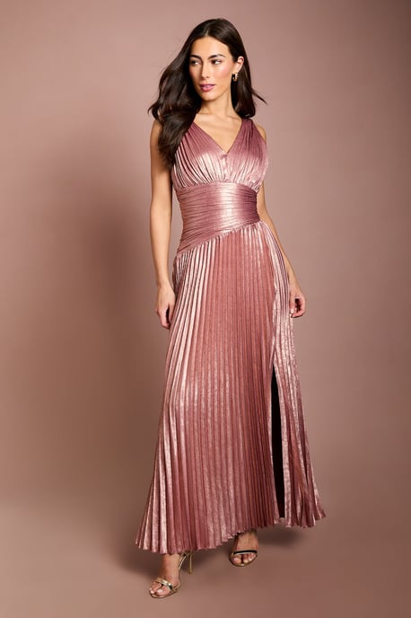 Wrap Waist Detail Pleated V Neck Maxi Dress With Split - Image 4
