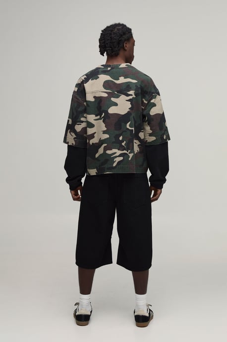 Camo Oversized Boxy Faux Layer Denim Football T-Shirt - Image 2