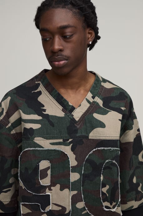 Camo Oversized Boxy Faux Layer Denim Football T-Shirt - Image 3