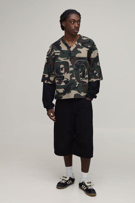 Camo Oversized Boxy Faux Layer Denim Football T-Shirt - Image 4
