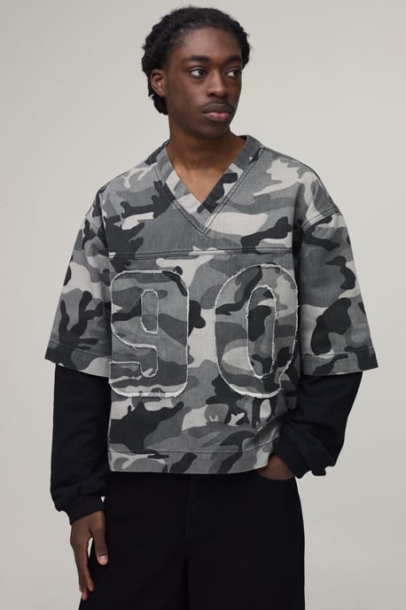 Camo Oversized Boxy Faux Layer Denim Football T-Shirt - Image 1