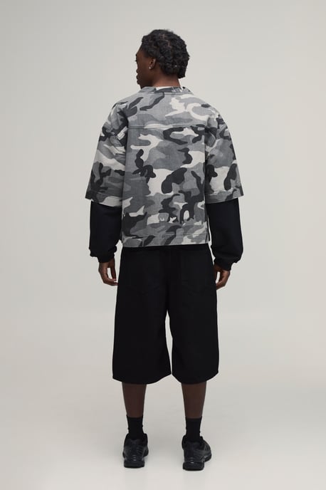Camo Oversized Boxy Faux Layer Denim Football T-Shirt - Image 2