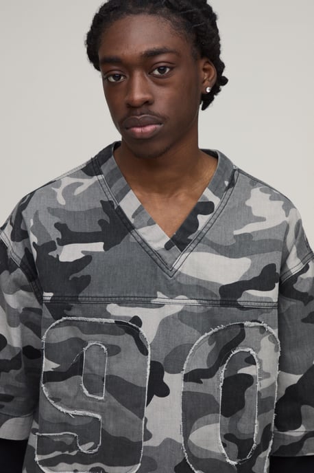 Camo Oversized Boxy Faux Layer Denim Football T-Shirt - Image 3