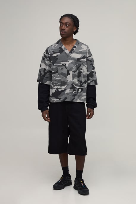 Camo Oversized Boxy Faux Layer Denim Football T-Shirt - Image 4