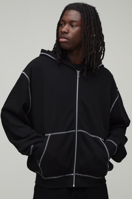 Heavyweight Oversized Contrast Stitch Waffle Zip Through Hoodie - Image 1