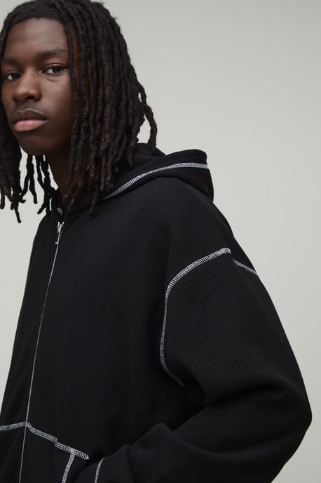Heavyweight Oversized Contrast Stitch Waffle Zip Through Hoodie - Image 3