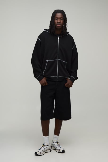 Heavyweight Oversized Contrast Stitch Waffle Zip Through Hoodie - Image 4