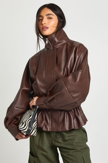 Pebbled Faux Leather Cinched Waist Funnel Neck Jacket - Image 1